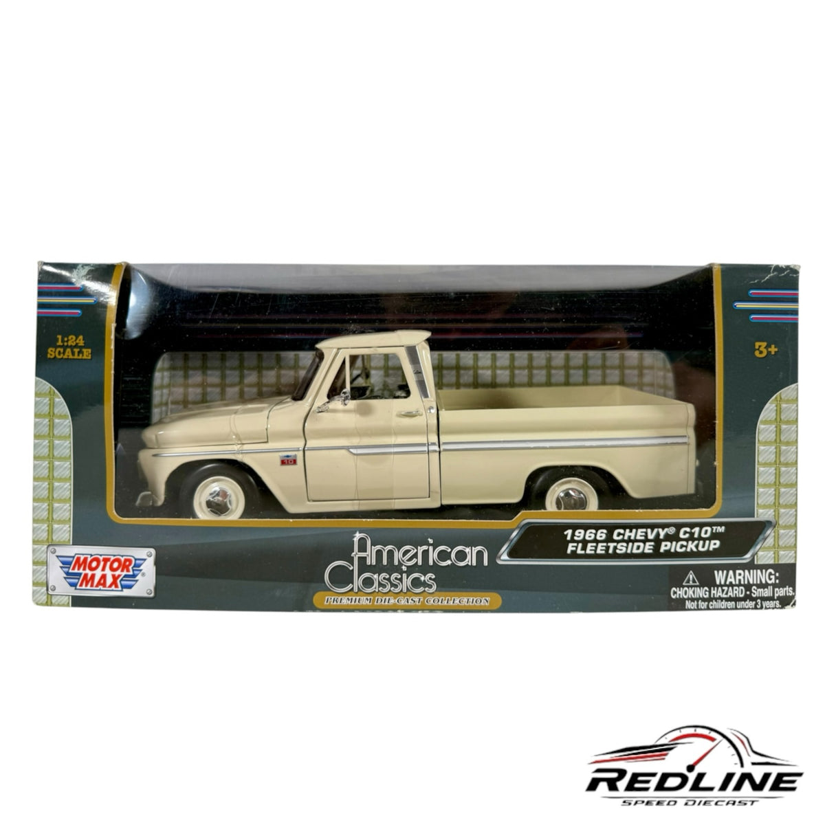 Redline Speed Diecast 1:24 scale 1966 Chevy C10 Fleetside pickup truck model in cream, displayed in original box.