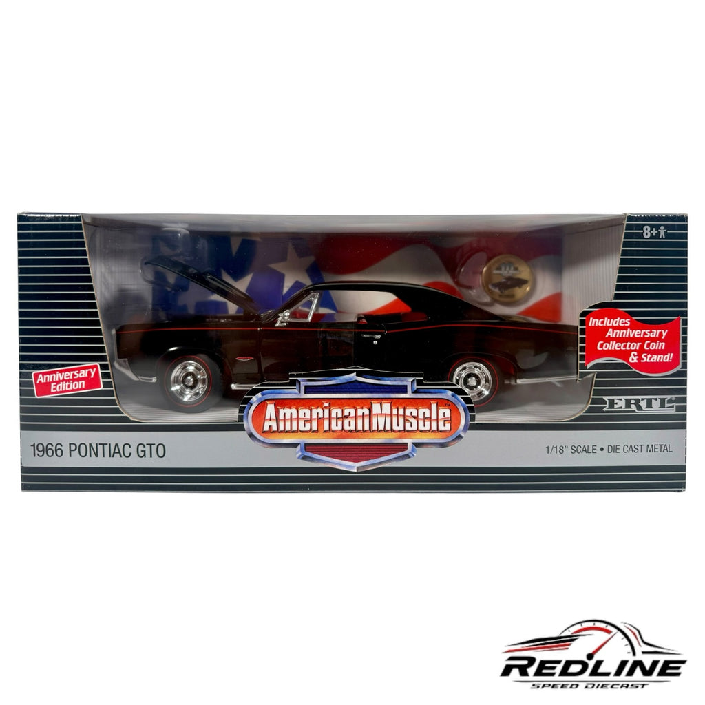 Redline Speed Diecast 1966 Pontiac GTO 10th Anniversary Edition in Starlight Black with opening hood in display box
