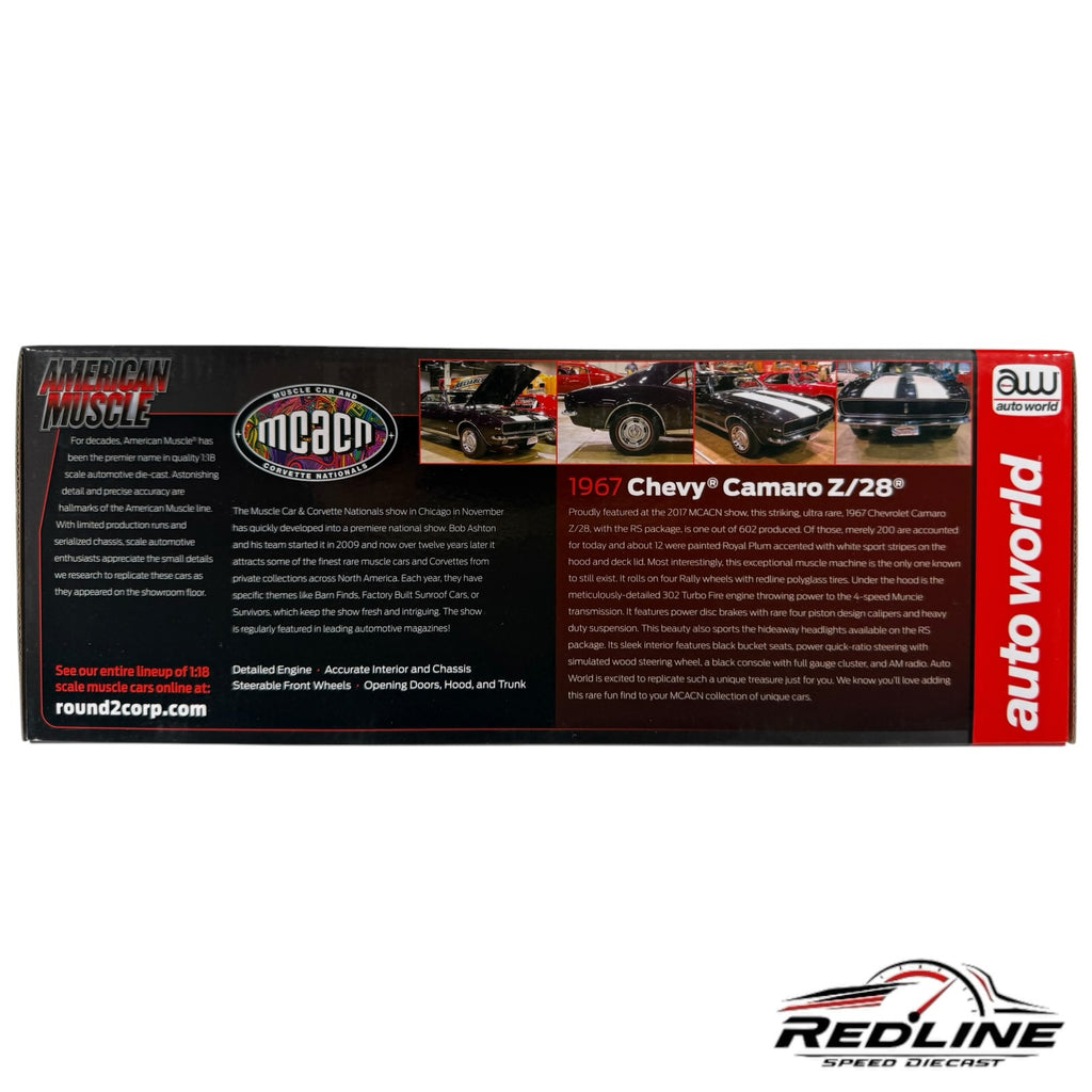 Redline Speed Diecast 1967 Chevy Camaro Z/28 collector box featuring detailed muscle car specifications and imagery