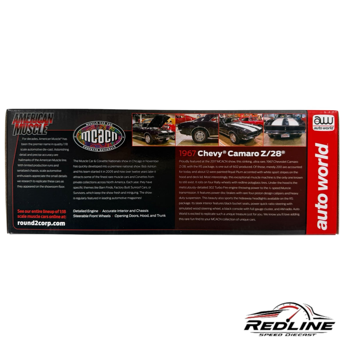 Redline Speed Diecast 1967 Chevy Camaro Z/28 collector box featuring detailed muscle car specifications and imagery