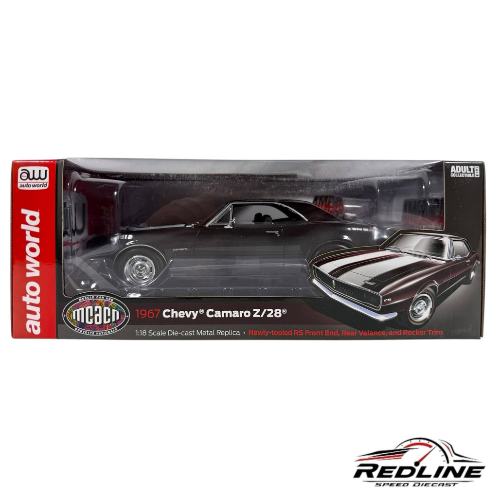 Redline Speed Diecast 1:18 scale 1967 Chevy Camaro Z/28 model car in Royal Plum with white stripes in display box