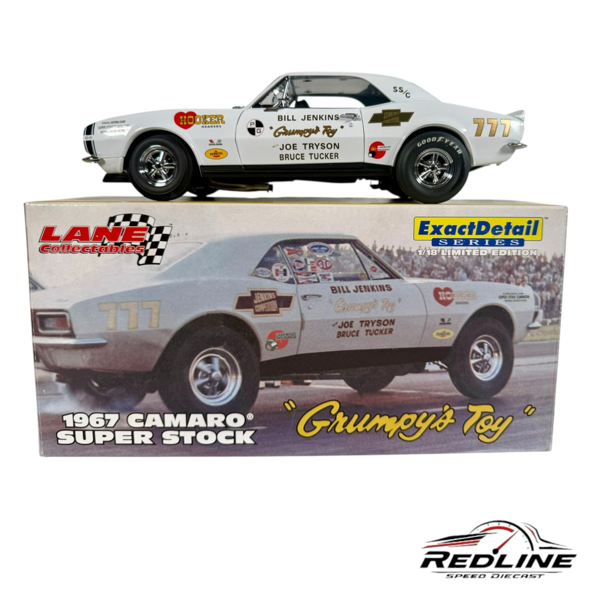 Redline Speed Diecast 1:18 scale 1967 Chevrolet Camaro Grumpy's Toy white model car with authentic racing decals