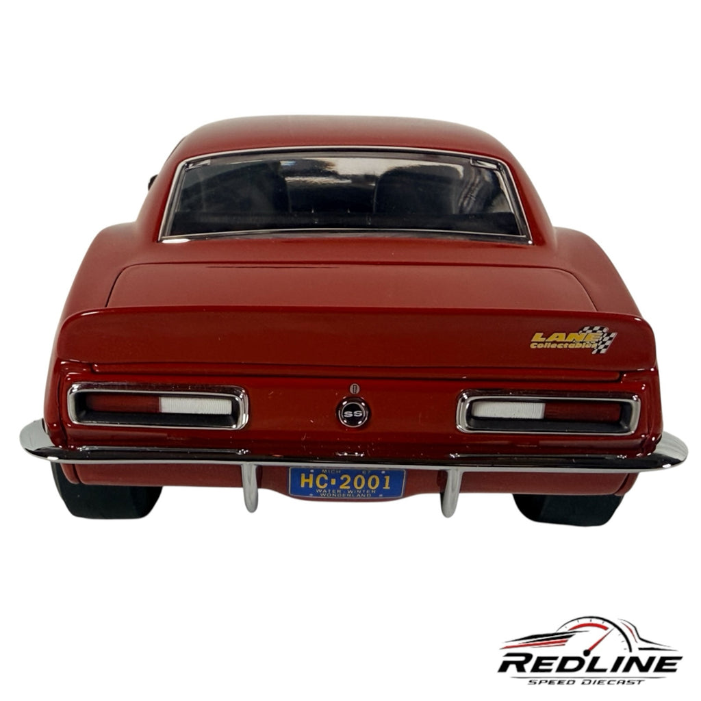 Redline Speed Diecast 1967 Chevrolet Camaro SS 396 holiday edition model in red with rear view and license plate
