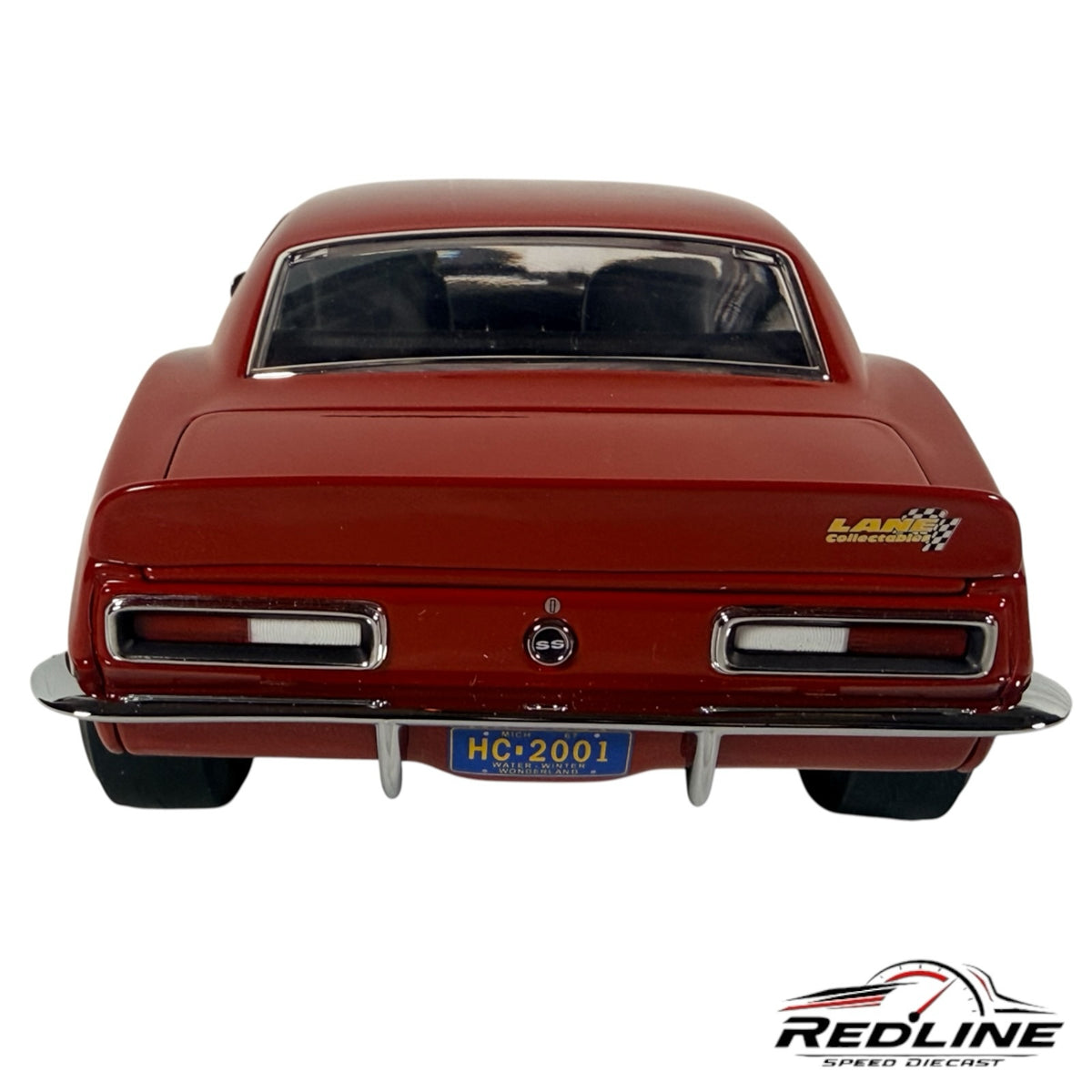 Redline Speed Diecast 1967 Chevrolet Camaro SS 396 holiday edition model in red with rear view and license plate
