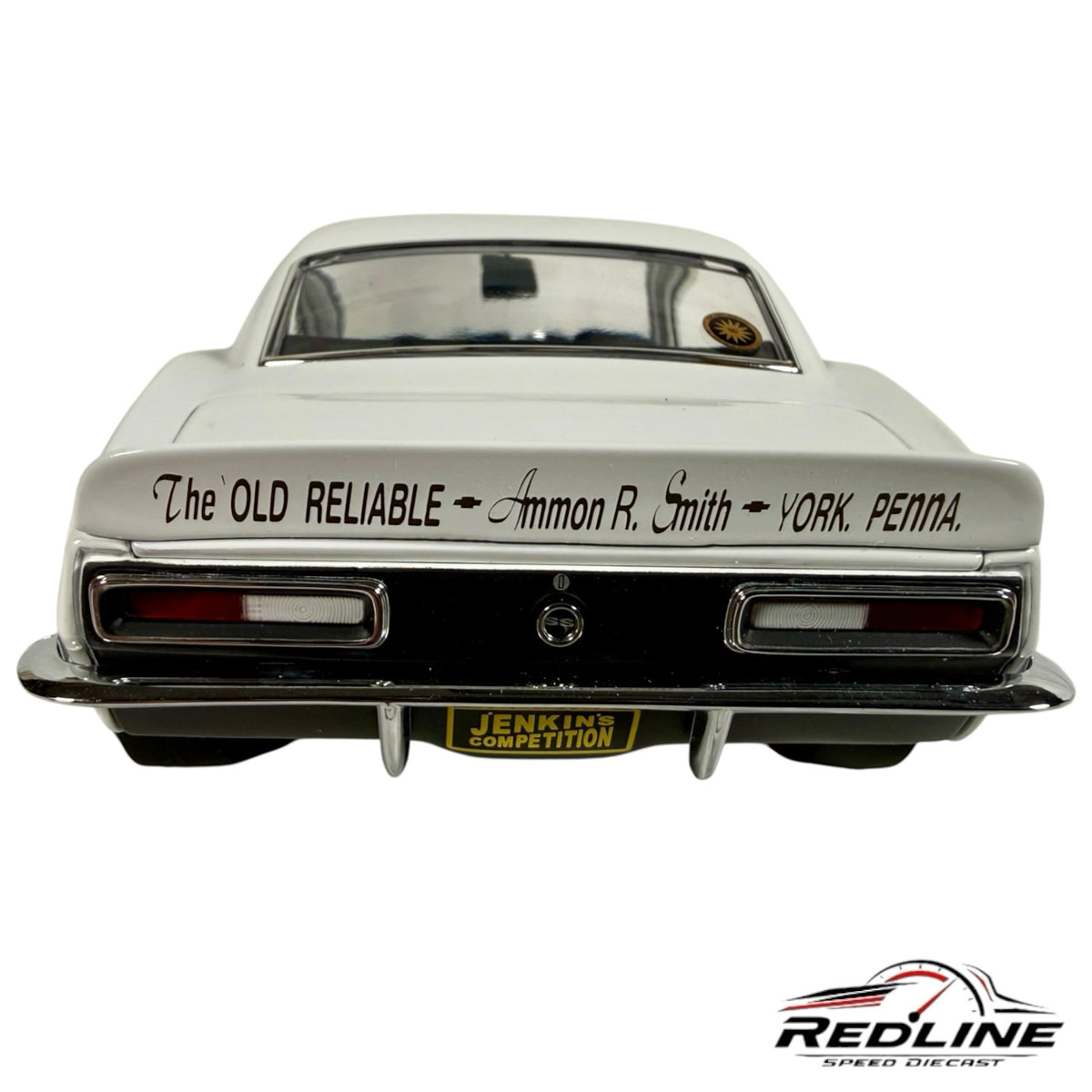 Rear view of Redline Speed Diecast 1967 Chevrolet Camaro Super Stock model featuring The Old Reliable livery