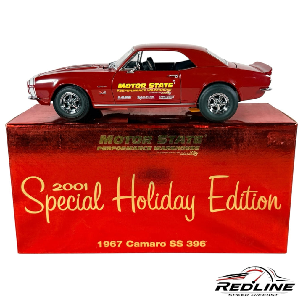 Redline Speed Diecast 1967 Chevrolet Camaro SS 396 model in red with white stripes on a holiday edition display box.