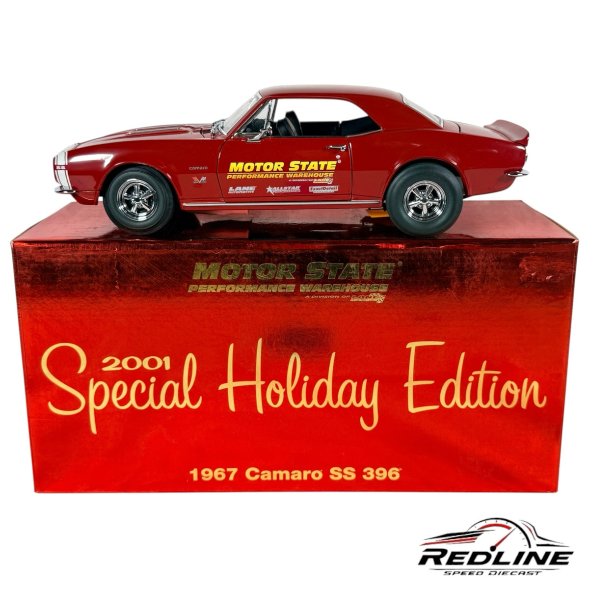 Redline Speed Diecast 1967 Chevrolet Camaro SS 396 model in red with white stripes on a holiday edition display box.