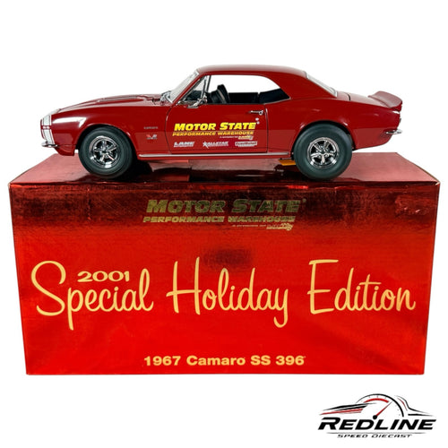 Redline Speed Diecast 1967 Chevrolet Camaro SS 396 model in red with white stripes on a holiday edition display box.