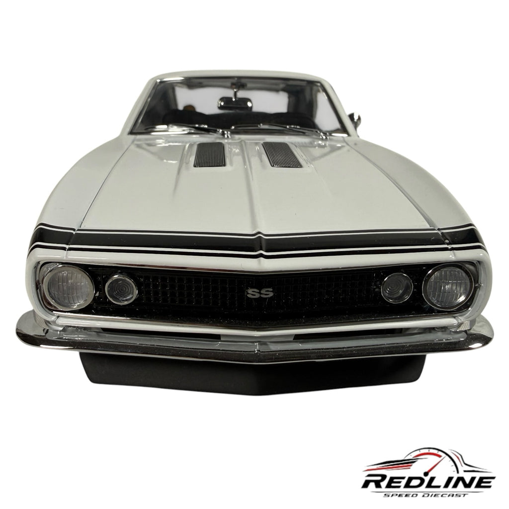 Redline Speed Diecast 1967 Chevrolet Camaro Super Stock diecast model in white with black racing stripes