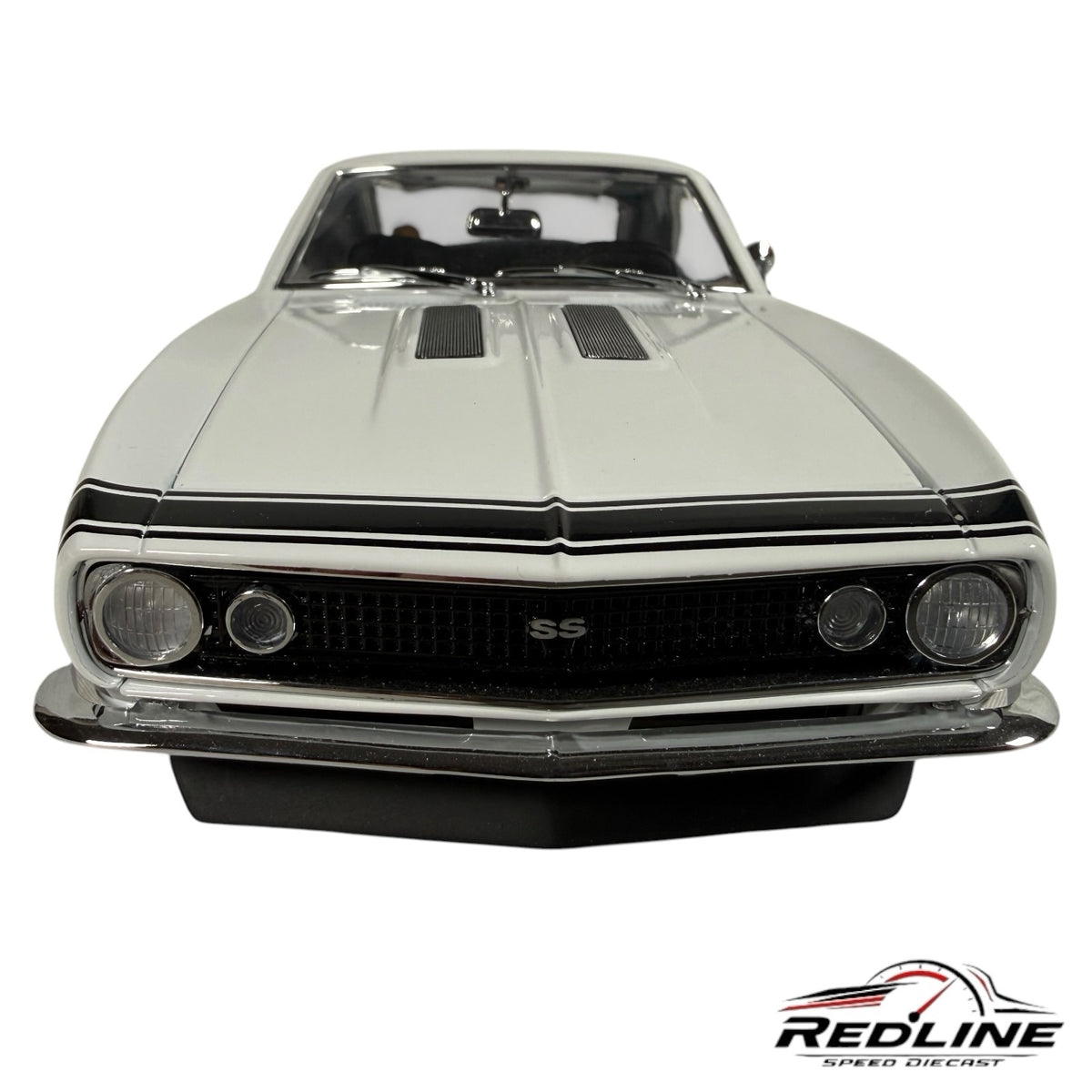 Redline Speed Diecast 1967 Chevrolet Camaro Super Stock diecast model in white with black racing stripes