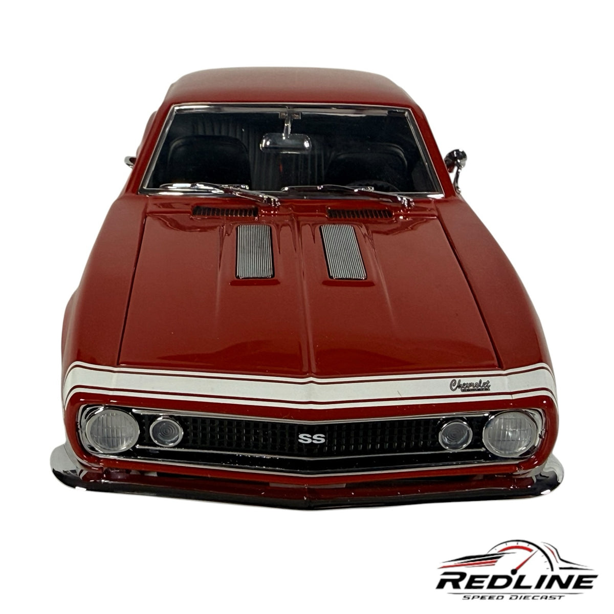 Redline Speed Diecast 1967 Chevrolet Camaro SS 396 model in red with white racing stripes, front view.