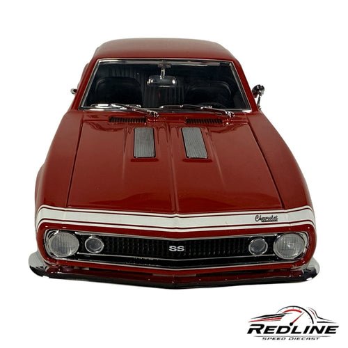 Redline Speed Diecast 1967 Chevrolet Camaro SS 396 model in red with white racing stripes, front view.