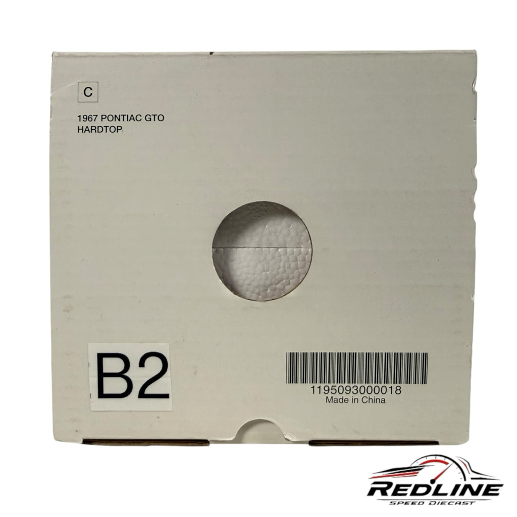 Redline Speed Diecast 1967 Pontiac GTO Hardtop model car packaging box with product label and barcode