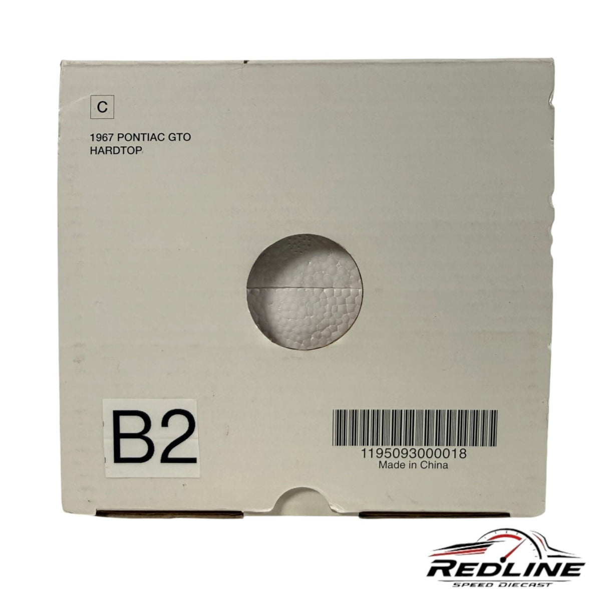 Redline Speed Diecast 1967 Pontiac GTO Hardtop model car packaging box with product label and barcode