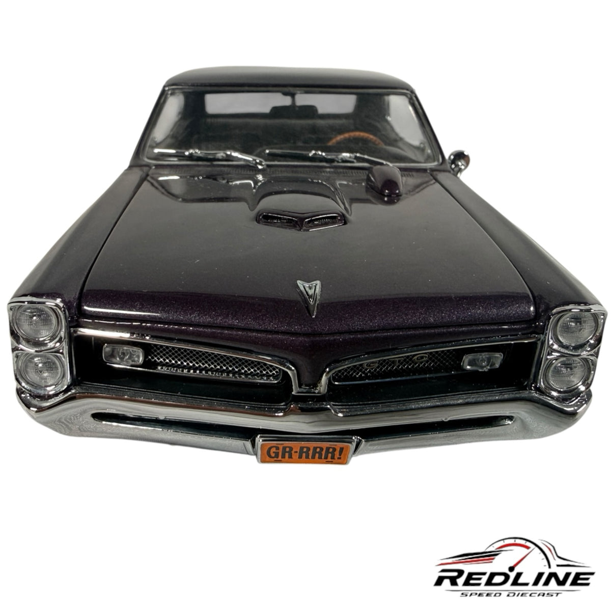 Redline Speed Diecast 1967 Pontiac GTO hardtop model in dark purple metallic with signature split grille and headlights