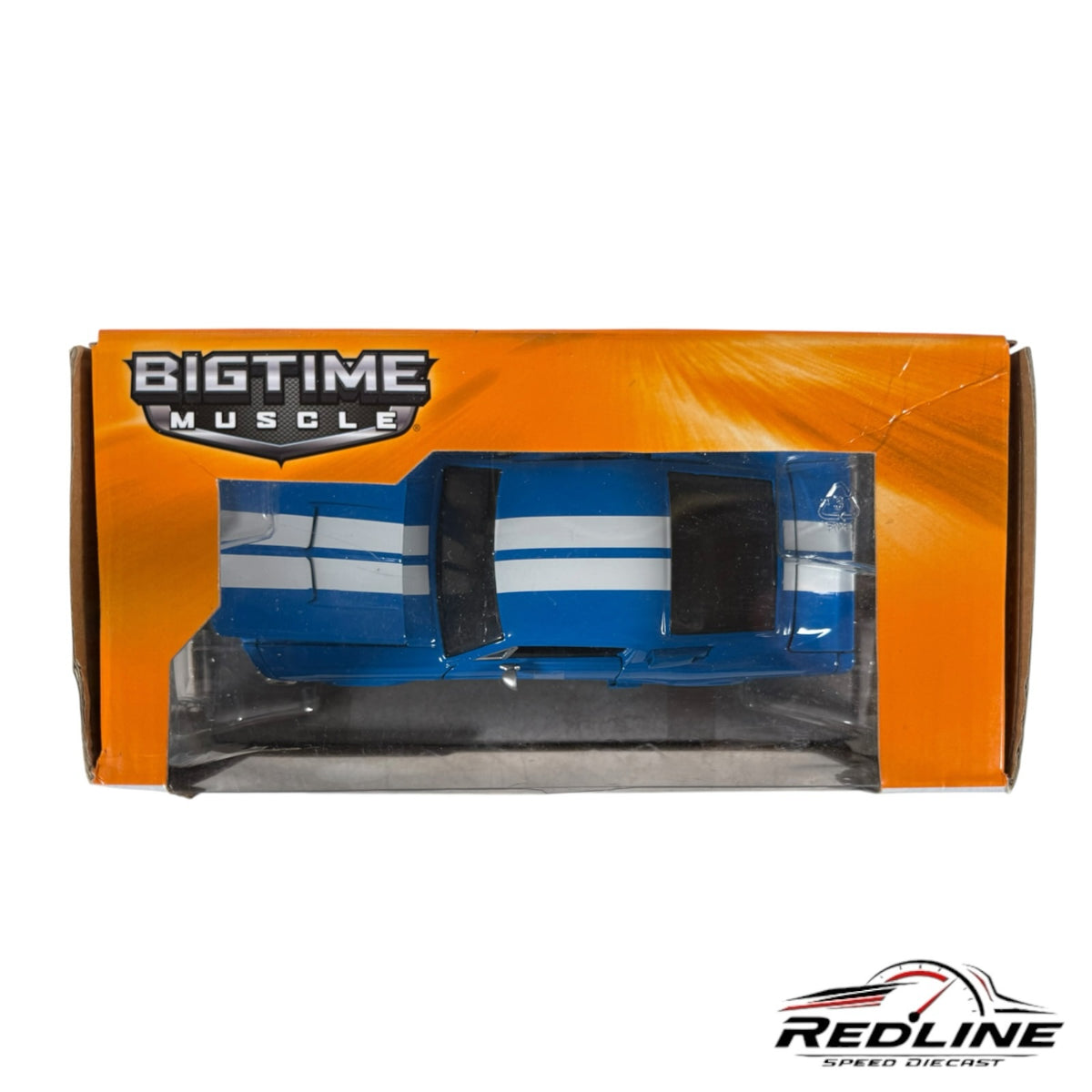 Redline Speed Diecast 1967 Shelby GT-500 blue muscle car model with white racing stripes in original display packaging