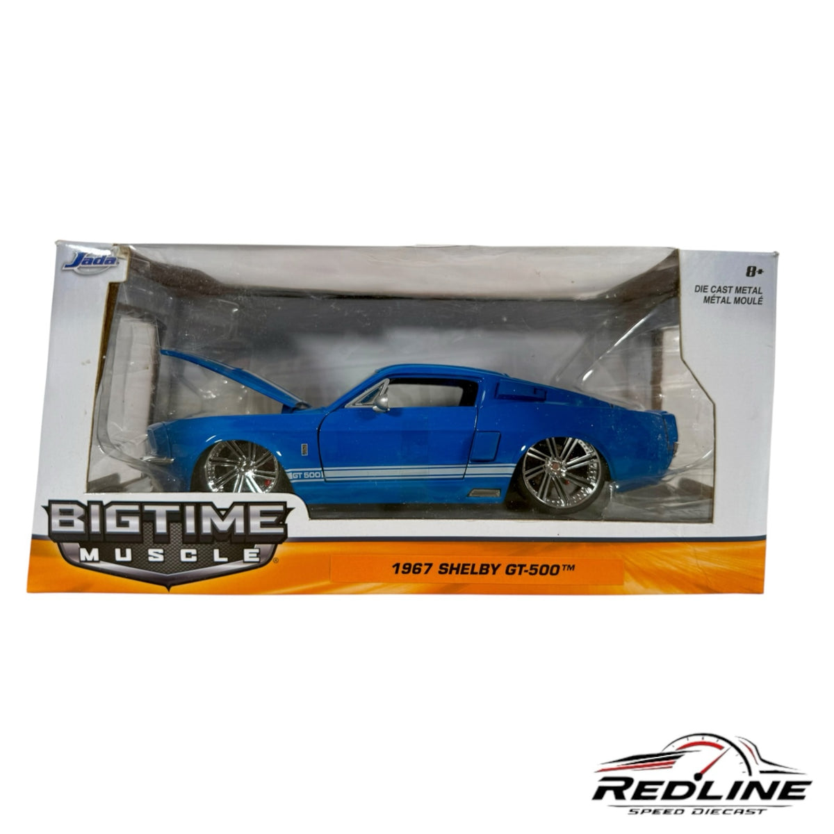 Redline Speed Diecast 1967 Shelby GT-500 blue muscle car model with white racing stripes in original display box