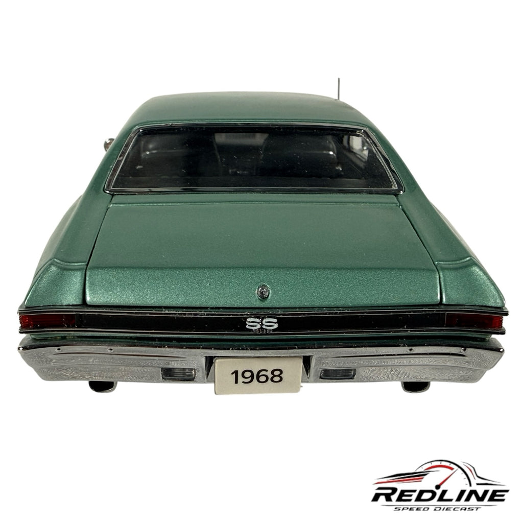 Rear view of a metallic green 1968 Chevrolet Chevelle SS-396 diecast model by Redline Speed Diecast with chrome bumper.