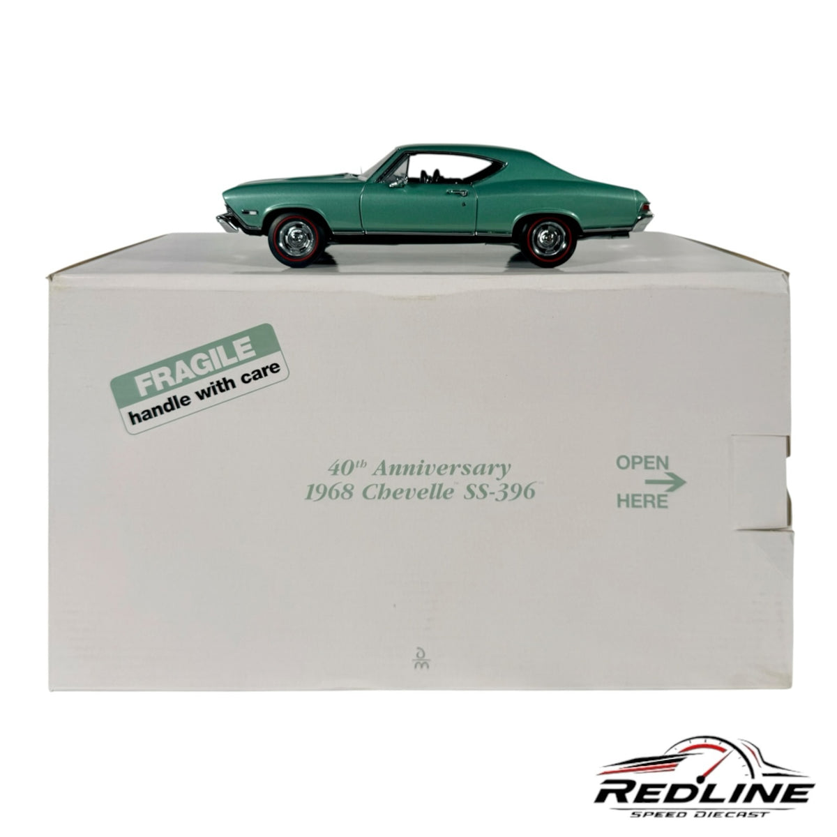 Redline Speed Diecast 40th Anniversary 1968 Chevrolet Chevelle SS-396 metallic green model car on its display box