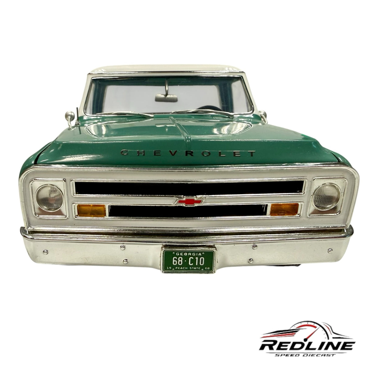 Redline Speed Diecast 1968 Chevrolet C-10 pickup truck model in two-tone green and white with chrome front bumper