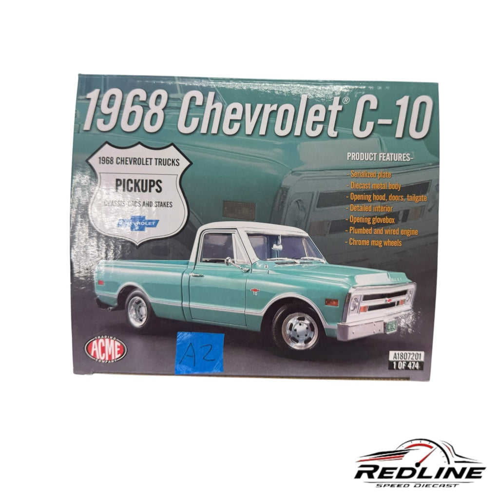 Redline Speed Diecast 1968 Chevrolet C-10 pickup truck model box featuring a green and white vintage truck design
