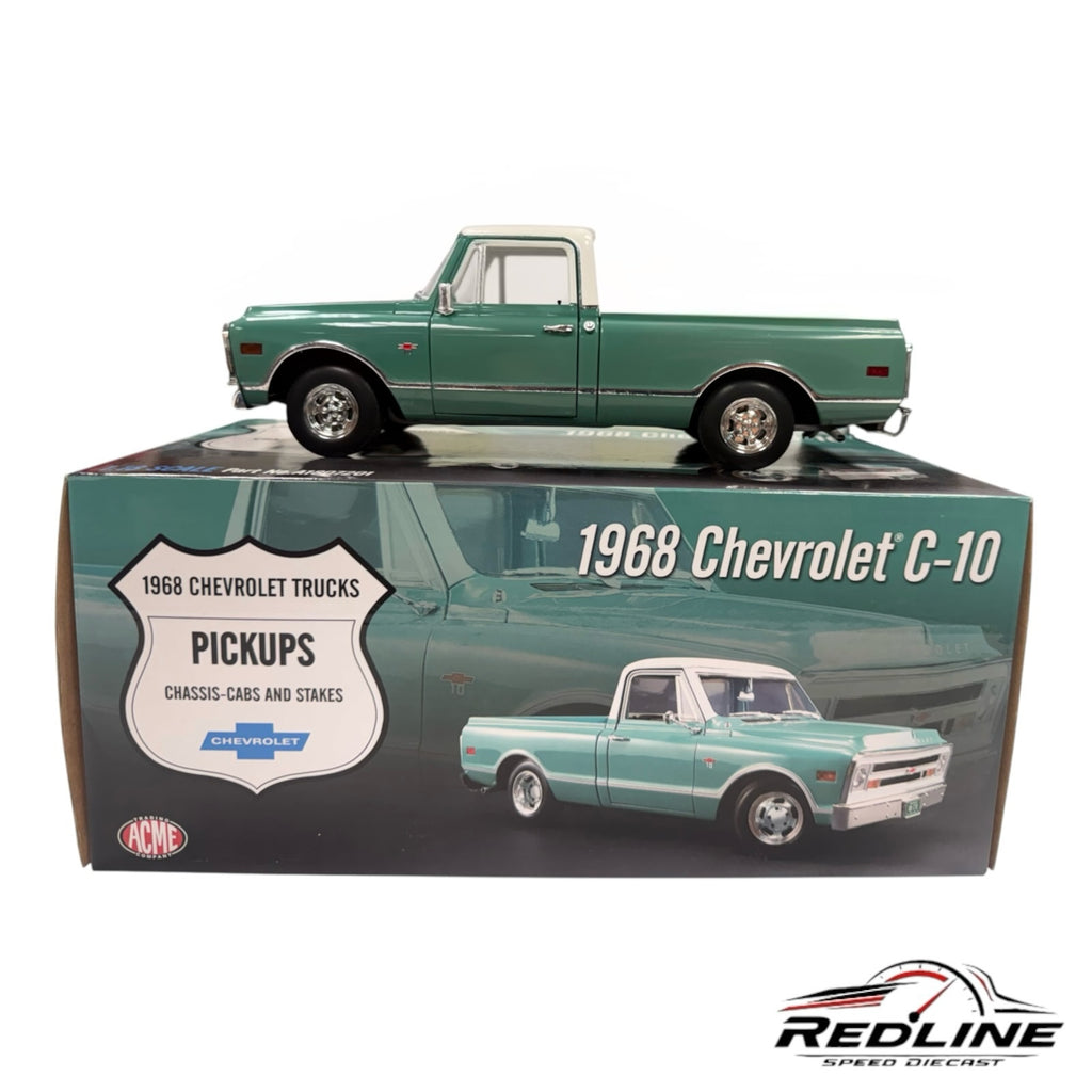 Redline Speed Diecast 1968 Chevrolet C-10 pickup truck model in two-tone green and white on its collector box
