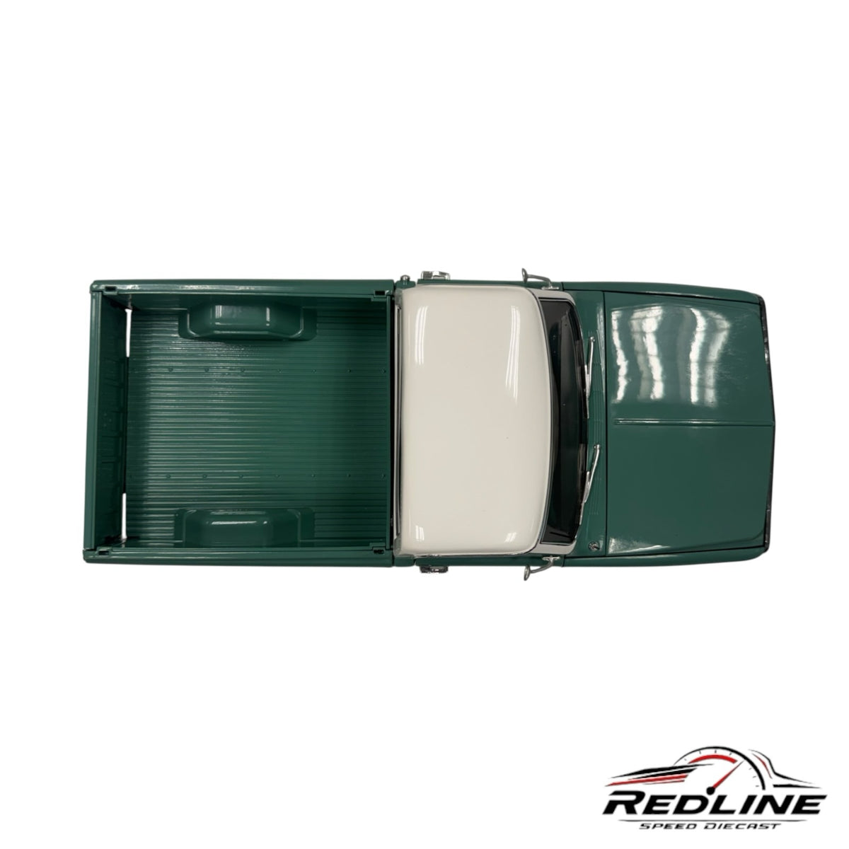 Redline Speed Diecast 1968 Chevrolet C-10 pickup truck model in two-tone green and white, top-down view.