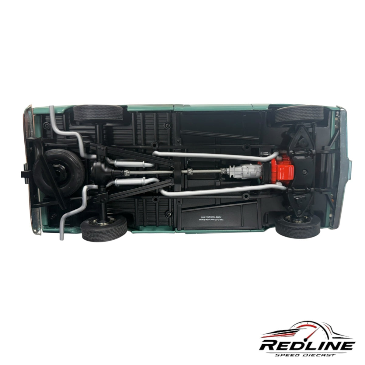 Undercarriage view of a Redline Speed Diecast 1968 Chevrolet C-10 model showing detailed exhaust and chassis components.