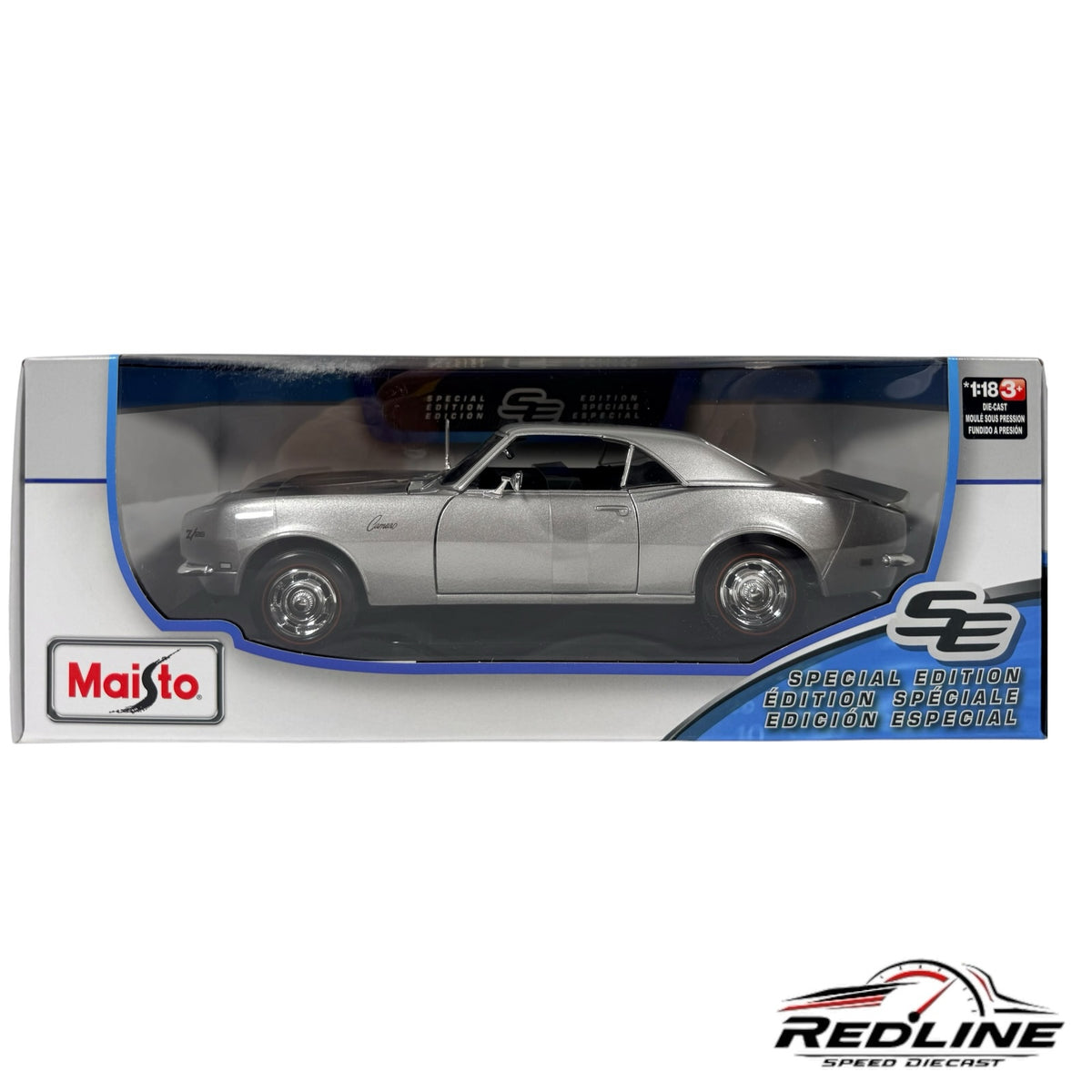 Redline Speed Diecast 1:18 scale metallic silver 1968 Chevrolet Camaro Z/28 model car in original display packaging.