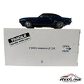 Redline Speed Diecast 1969 Chevrolet Camaro Z/28 dark blue muscle car model displayed on its original white box