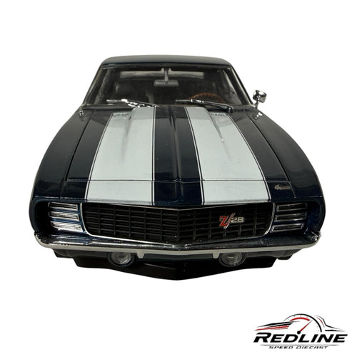 Redline Speed Diecast 1969 Chevrolet Camaro Z/28 model in dark blue with white racing stripes, front view