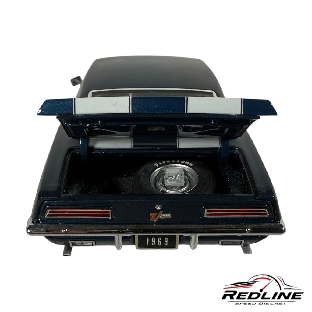 Redline Speed Diecast 1969 Chevrolet Camaro Z/28 model car in dark blue with open trunk and spare tire