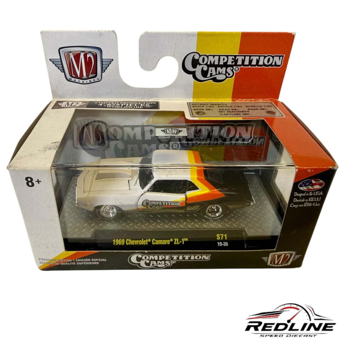Redline Speed Diecast M2 Machines 1969 Chevrolet Camaro ZL-1 in white and black with Competition Cams racing livery.