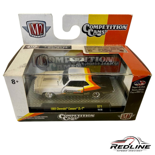 Redline Speed Diecast M2 Machines 1969 Chevrolet Camaro ZL-1 in white and black with Competition Cams racing livery.