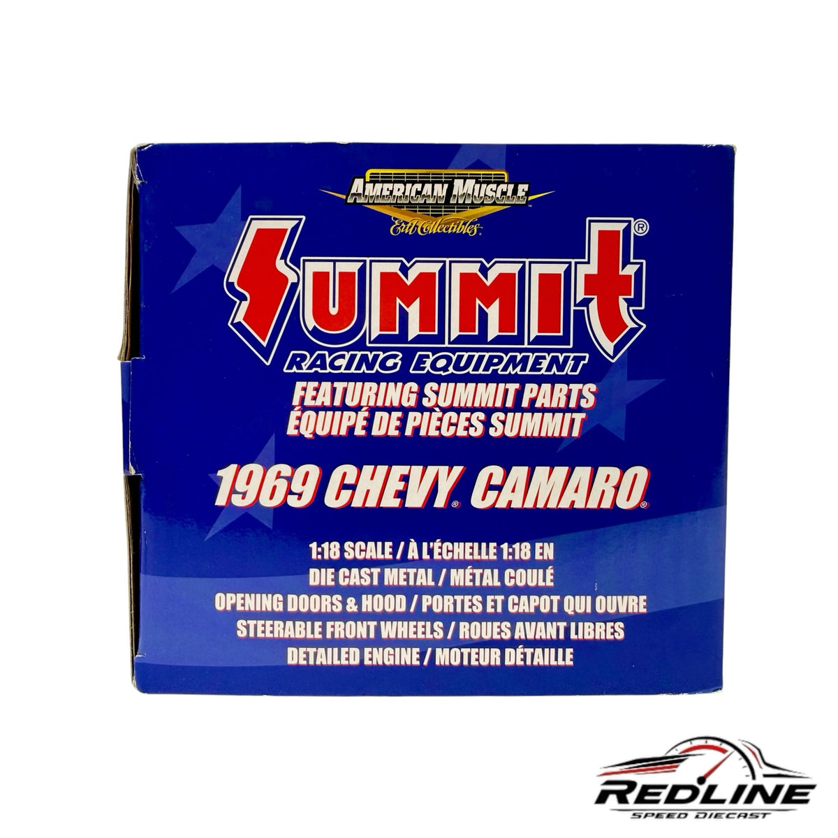 Redline Speed Diecast box for a 1:18 scale 1969 Chevy Camaro model featuring Summit Racing Equipment branding