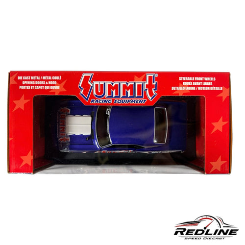 Redline Speed Diecast 1:18 scale blue 1969 Chevy Camaro model with Summit Racing Equipment livery in display box