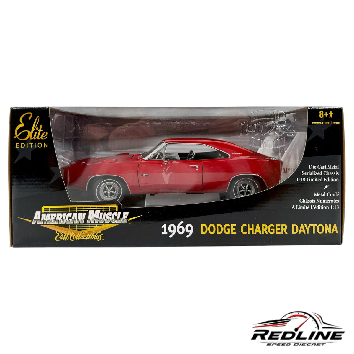 Redline Speed Diecast 1:18 scale red 1969 Dodge Charger Daytona model car in its original collector box