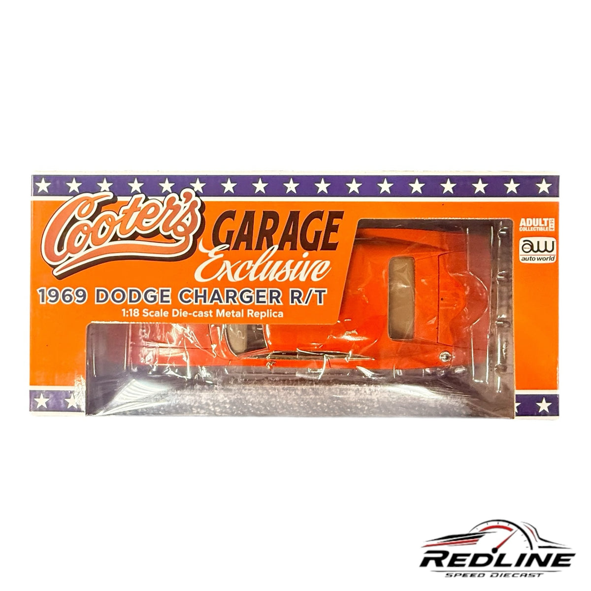 Redline Speed Diecast 1:18 scale 1969 Dodge Charger R/T model in orange, inside Cooter's Garage exclusive packaging.