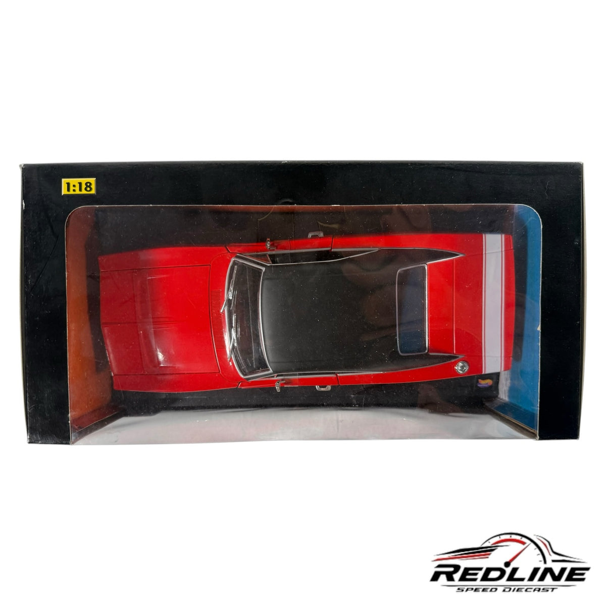Redline Speed Diecast 1:18 scale 1969 Dodge Charger model car in red with a black roof in its original display box