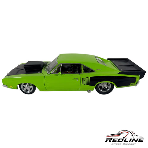 Redline Speed Diecast 1969 Dodge Charger Pro Street model in lime green with black racing stripes and hood scoop