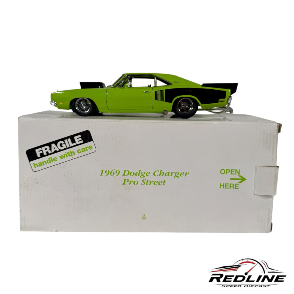 Redline Speed Diecast 1969 Dodge Charger Pro Street model in lime green with black racing stripes on its display box.