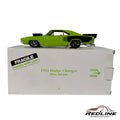 Redline Speed Diecast 1969 Dodge Charger Pro Street model in lime green with black racing stripes on its display box.