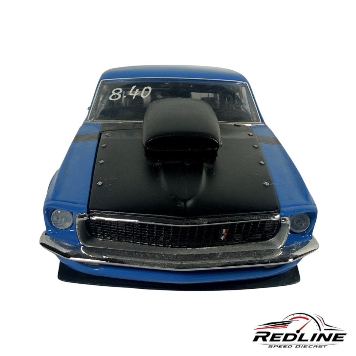 Redline Speed Diecast 1969 Ford Mustang Boss Nine Pro Street model in blue with a black hood and functional scoop