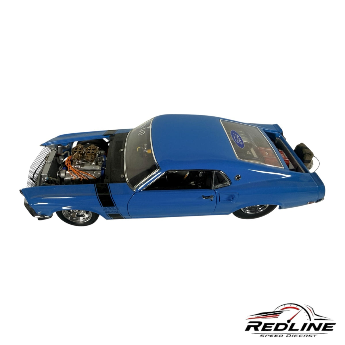 Redline Speed Diecast 1969 Ford Mustang Boss Nine Pro Street model in blue with black hood and detailed engine bay