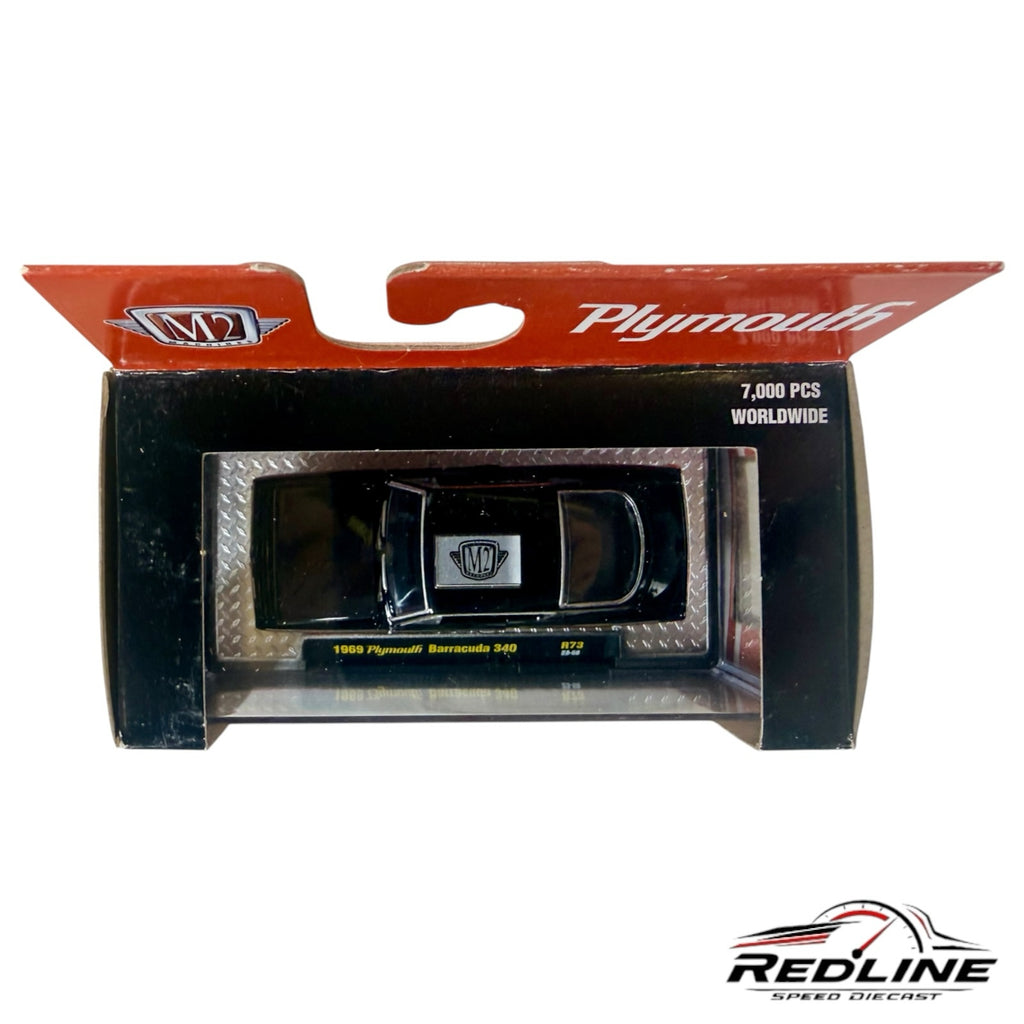 Redline Speed Diecast 1:64 scale 1969 Plymouth Barracuda 340 in black, displayed in its original collector box.