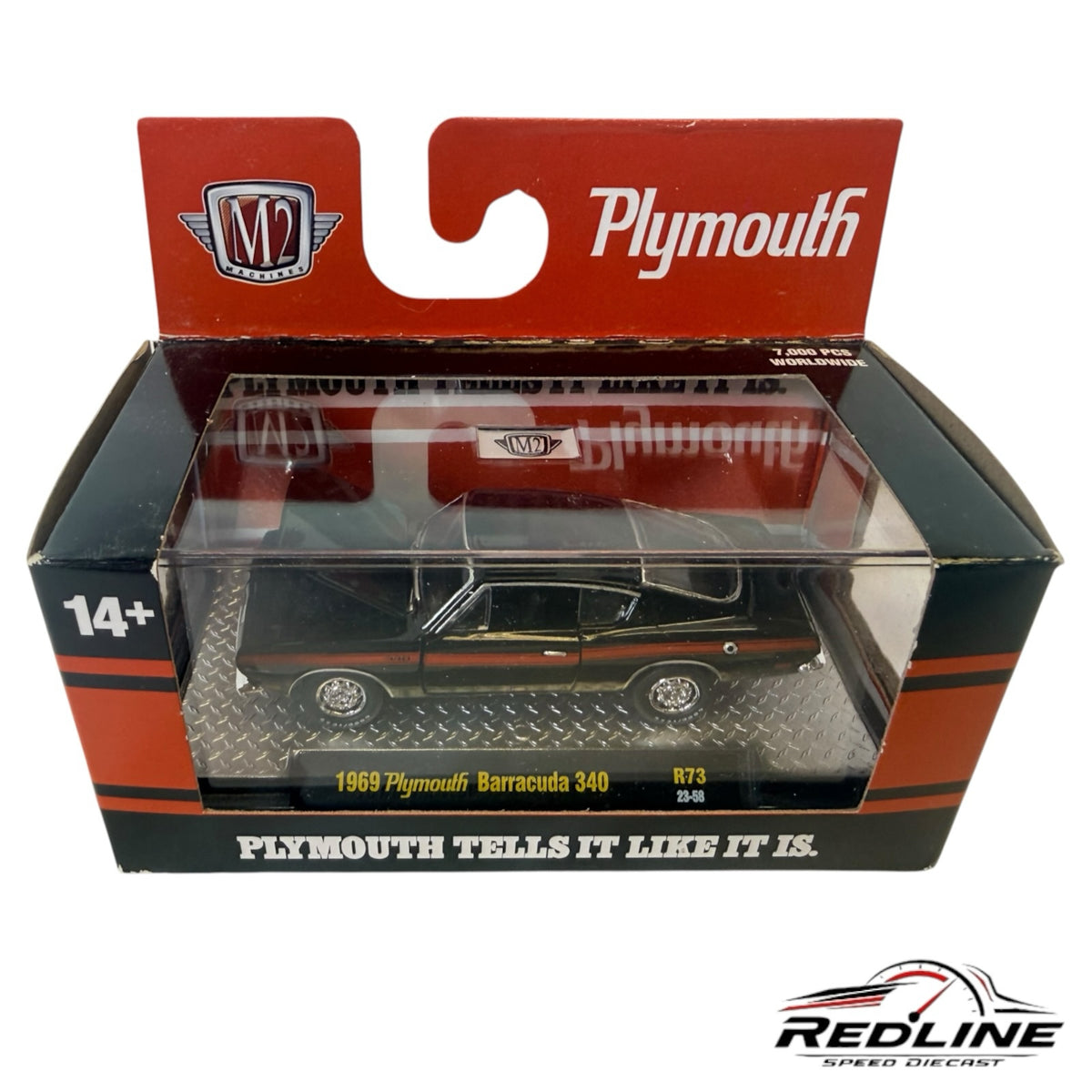 Redline Speed Diecast M2 Machines 1969 Plymouth Barracuda 340 in black with racing stripes in collector display box