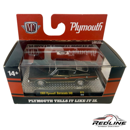 Redline Speed Diecast M2 Machines 1969 Plymouth Barracuda 340 in black with racing stripes in collector display box