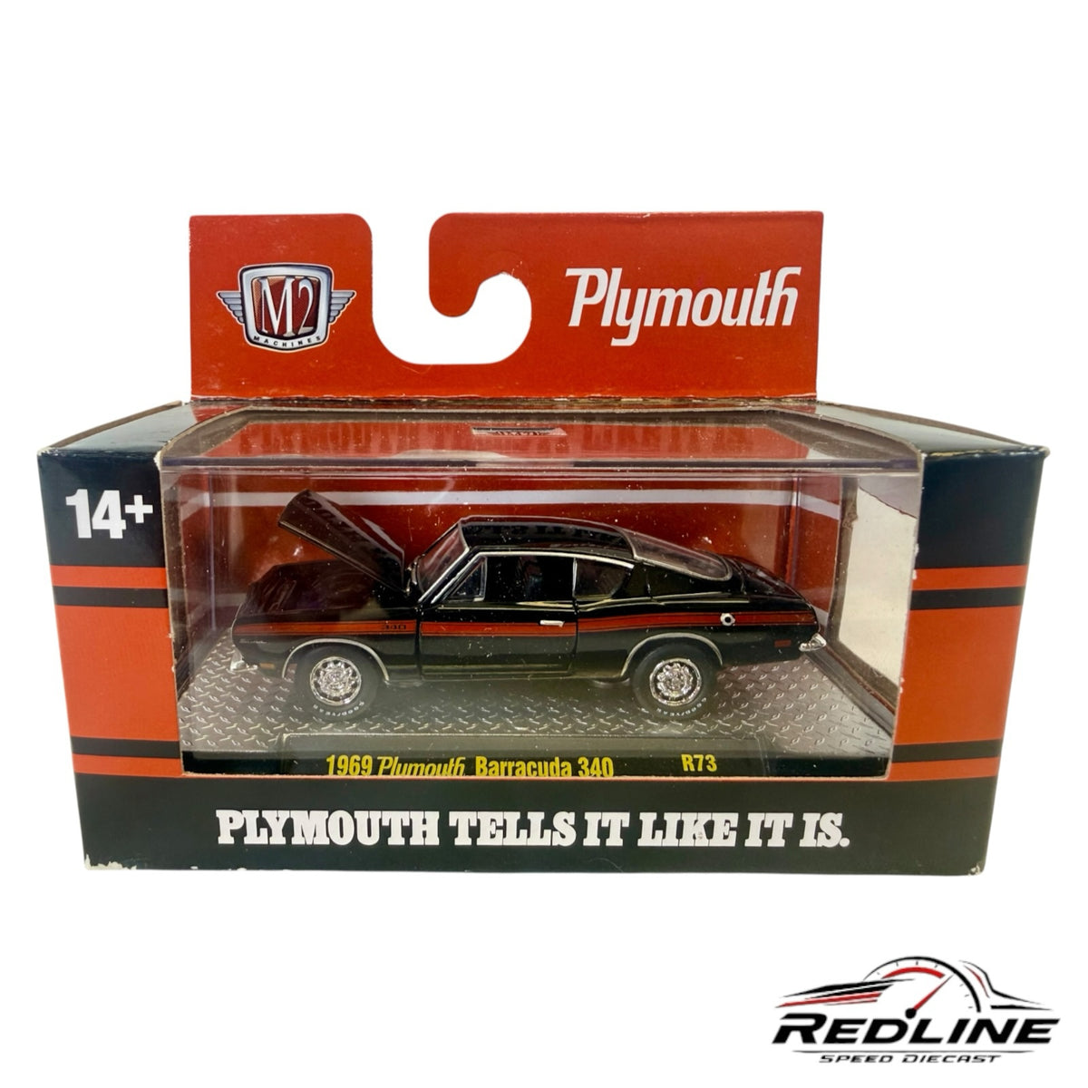 Redline Speed Diecast M2 Machines 1969 Plymouth Barracuda 340 in black with racing stripes in collector display box