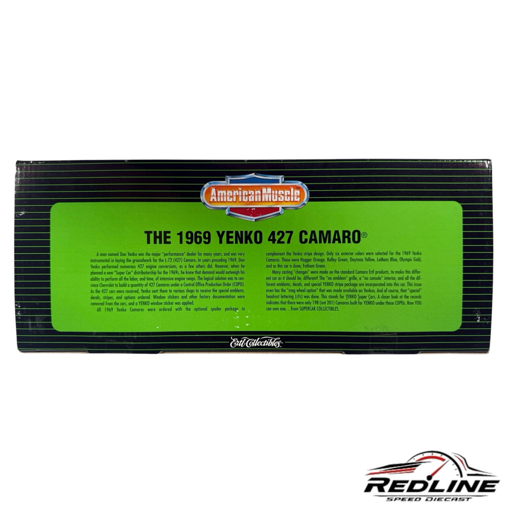 Redline Speed Diecast packaging box for the 1969 Yenko 427 Camaro model featuring historical product information