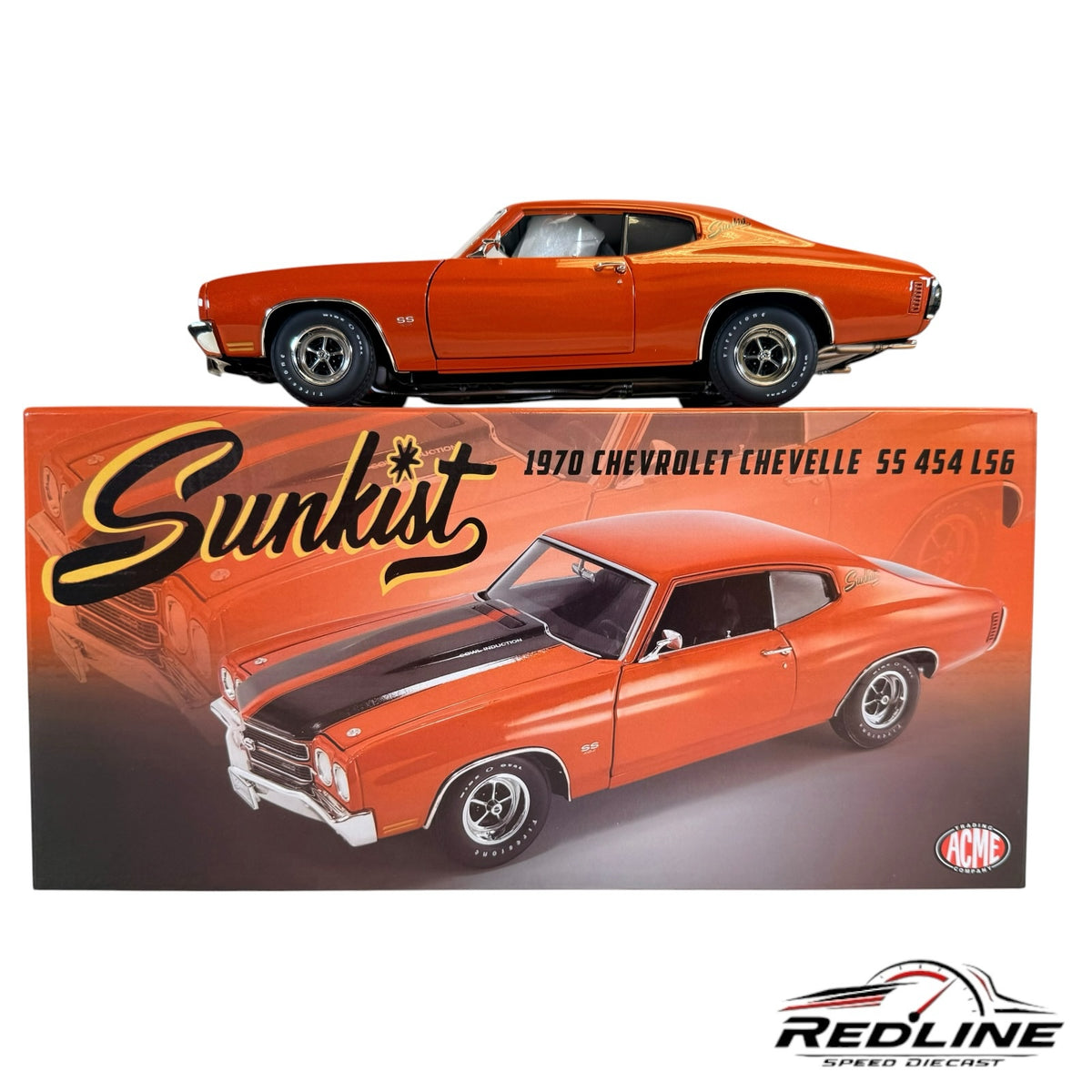Redline Speed Diecast 1970 Chevrolet Chevelle SS 454 LS6 model car in Sunkist orange with black racing stripes